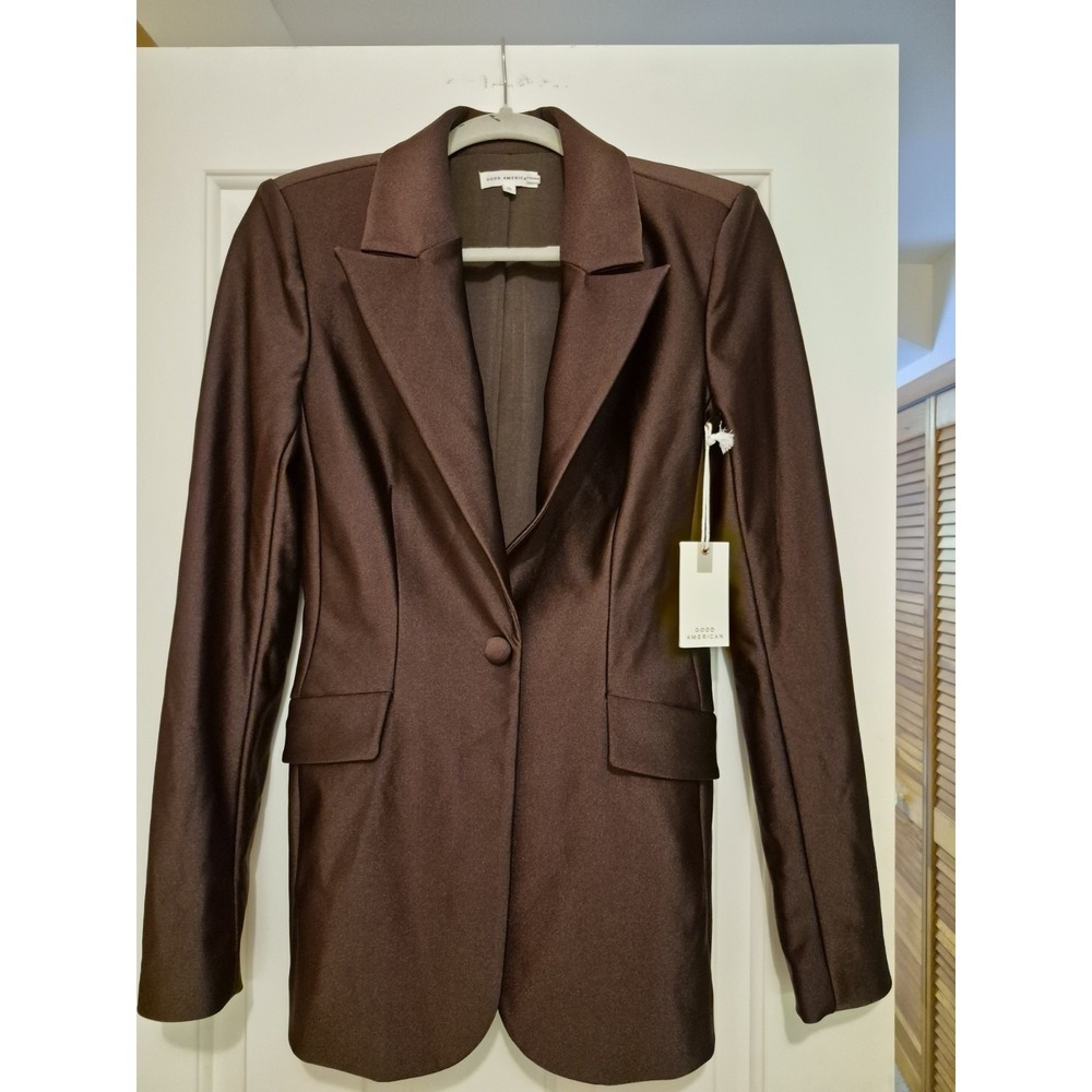 Good American Women Brown Satin Single Breasted Blazer Jacket Size 0 NWT - Picture 3 of 6